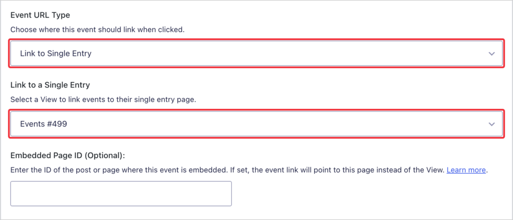 The Event URL Type setting set to Link to Single Entry, with the Events View selected