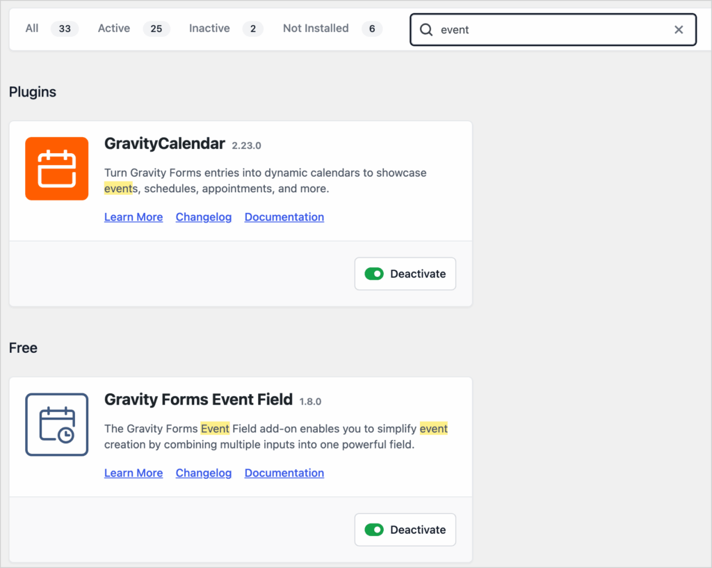 The GravityKit Manage Your Kit screen filtered by the word event, showing the GravityCalendar and Gravity Forms Event Field plugins