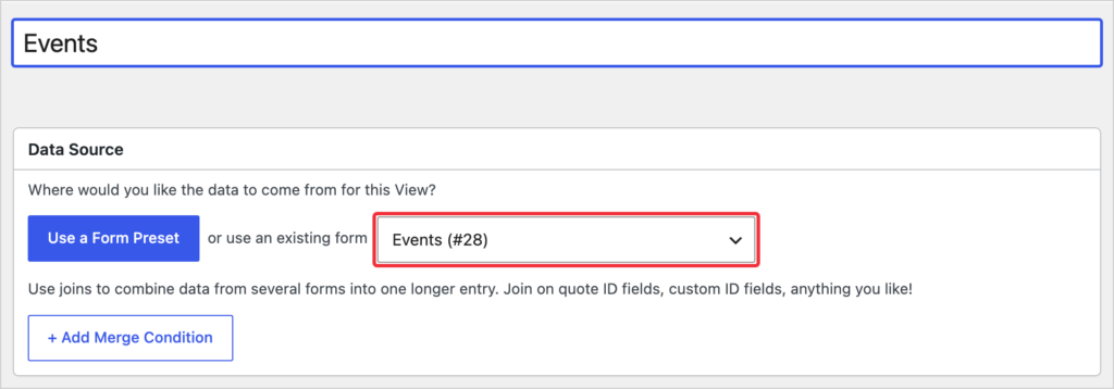 A new GravityView View named Events, with the Events form selected as the data source
