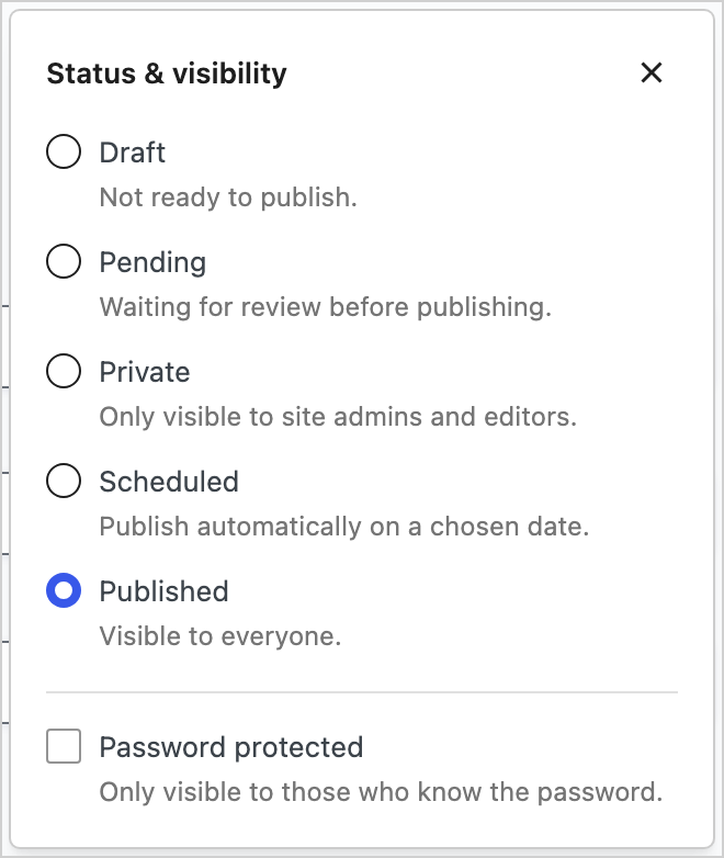 The WordPress Status and visibility panel with Private and Password protected options
