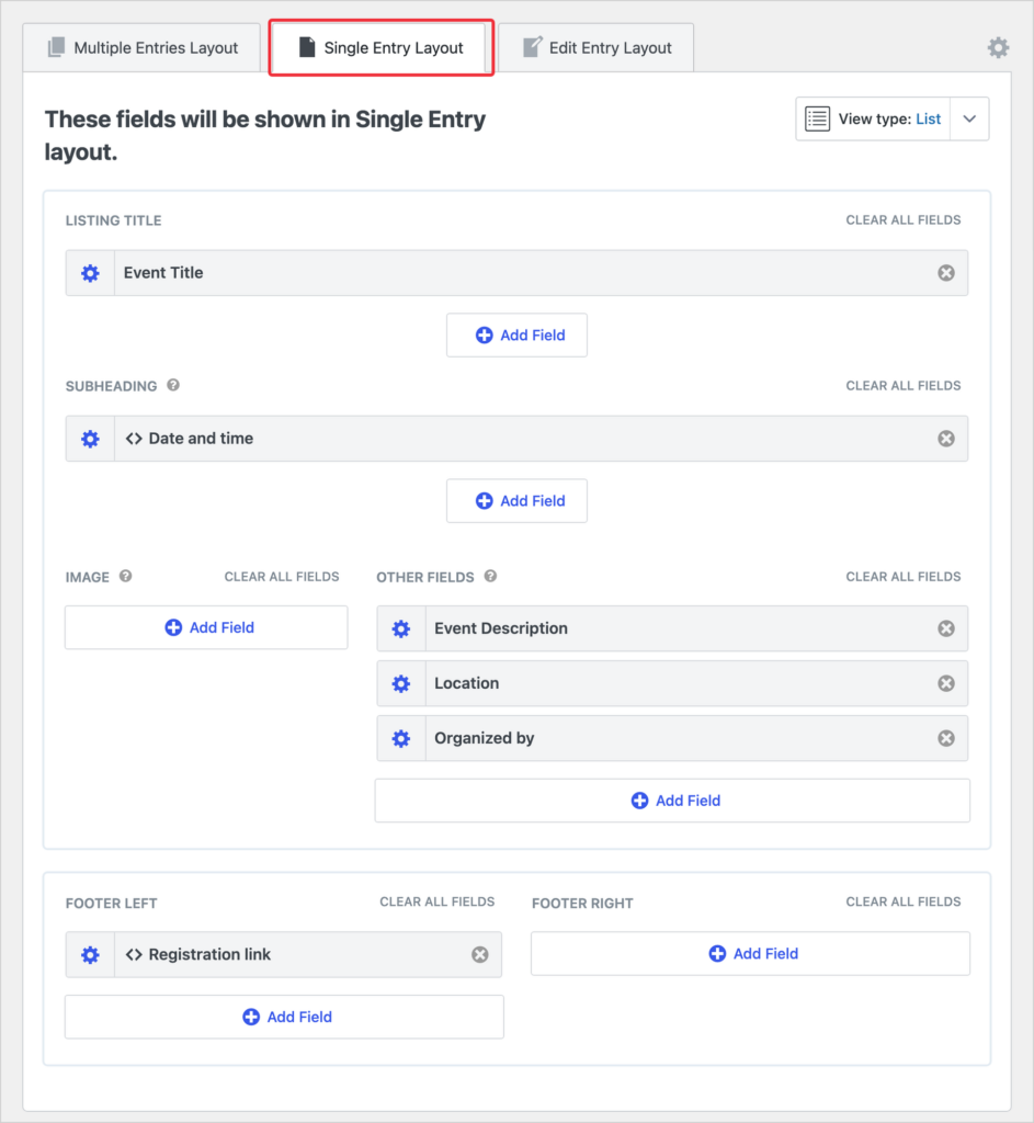 The Single Entry Layout tab in the GravityView View editor with Event Title, Date and time, Event Description, Location, Organized by and Registration link fields