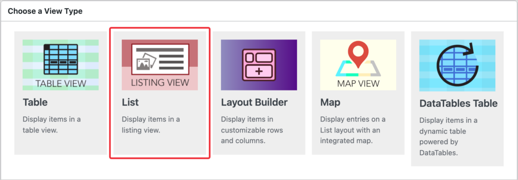 The Choose a View Type screen in GravityView with the List type highlighted