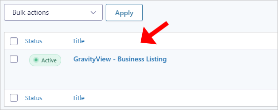 An arrow pointing to a form in Gravity forms titled 'GravityView - Business Listing'