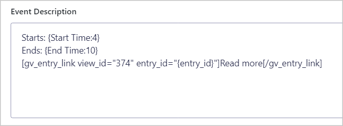The event description box containing the GV Entry Link shortcode
