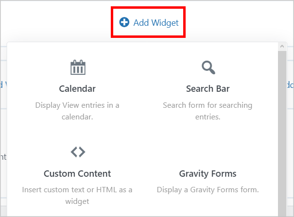 The '+ Add Widget' button in GravityView