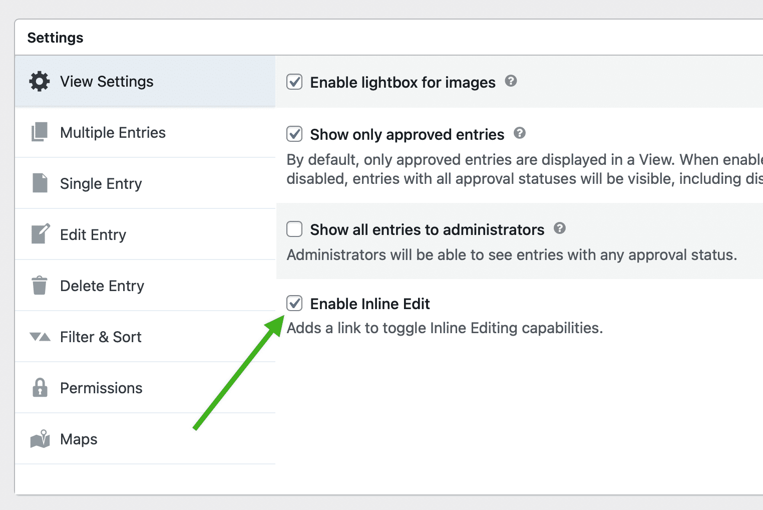 Screenshot of the Settings box when editing a View. A green arrow points to the 'Enable Inline Edit' setting, which is checked.