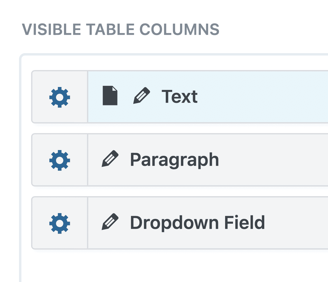 Close-up screenshot of fields in GravityView, each with a pencil icon next to the their label.