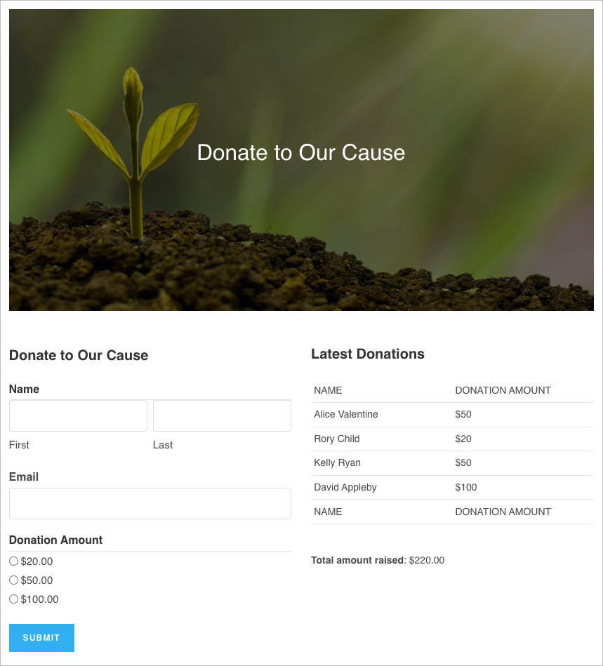 A donation page with a donation form on a left and a list of recent donations on the right