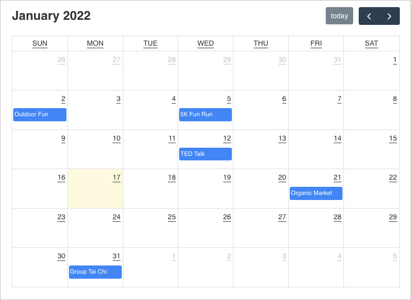 Events calendar built using the Gravity Forms Calendar add-on