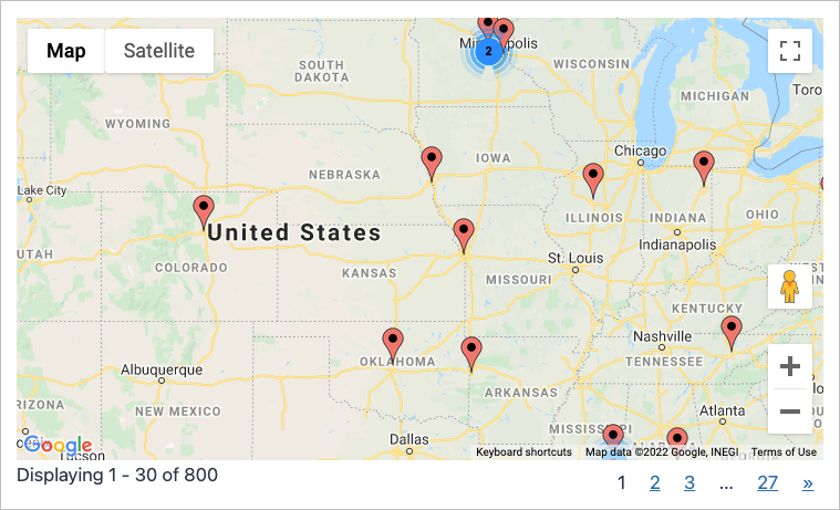 A Google Map displaying locations around the United States