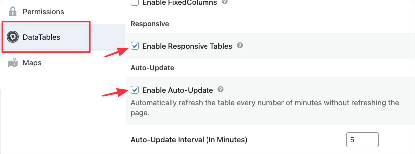 GravityView DataTables settings with arrows pointing to the 'Enable Responsive Tables' and 'Enable Auto-Update' options
