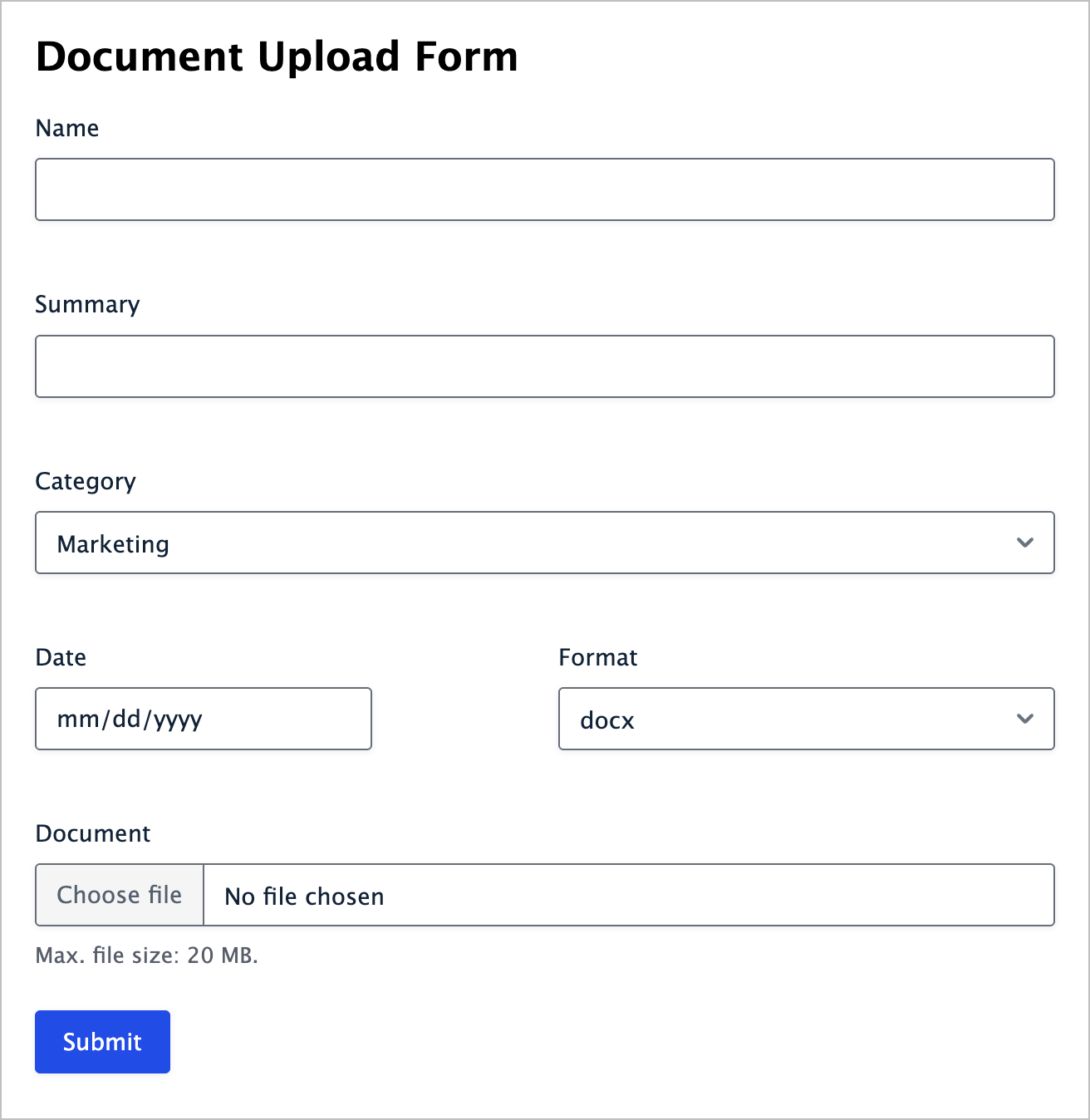 A form titled 'Document Upload form'