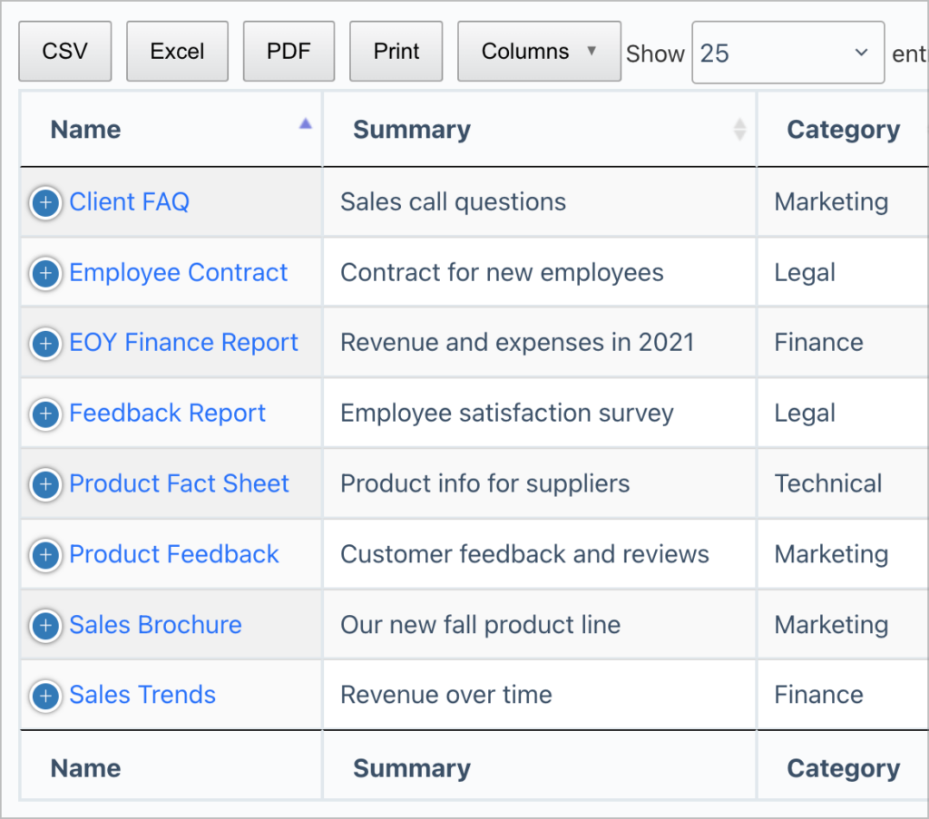 The GravityView DataTables layout, showing data about different documents with buttons at the top for exporting entries to different file formats.