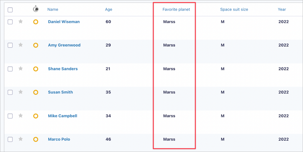 The Gravity Forms Entries page showing entries with an incorrect spelling of "Mars"