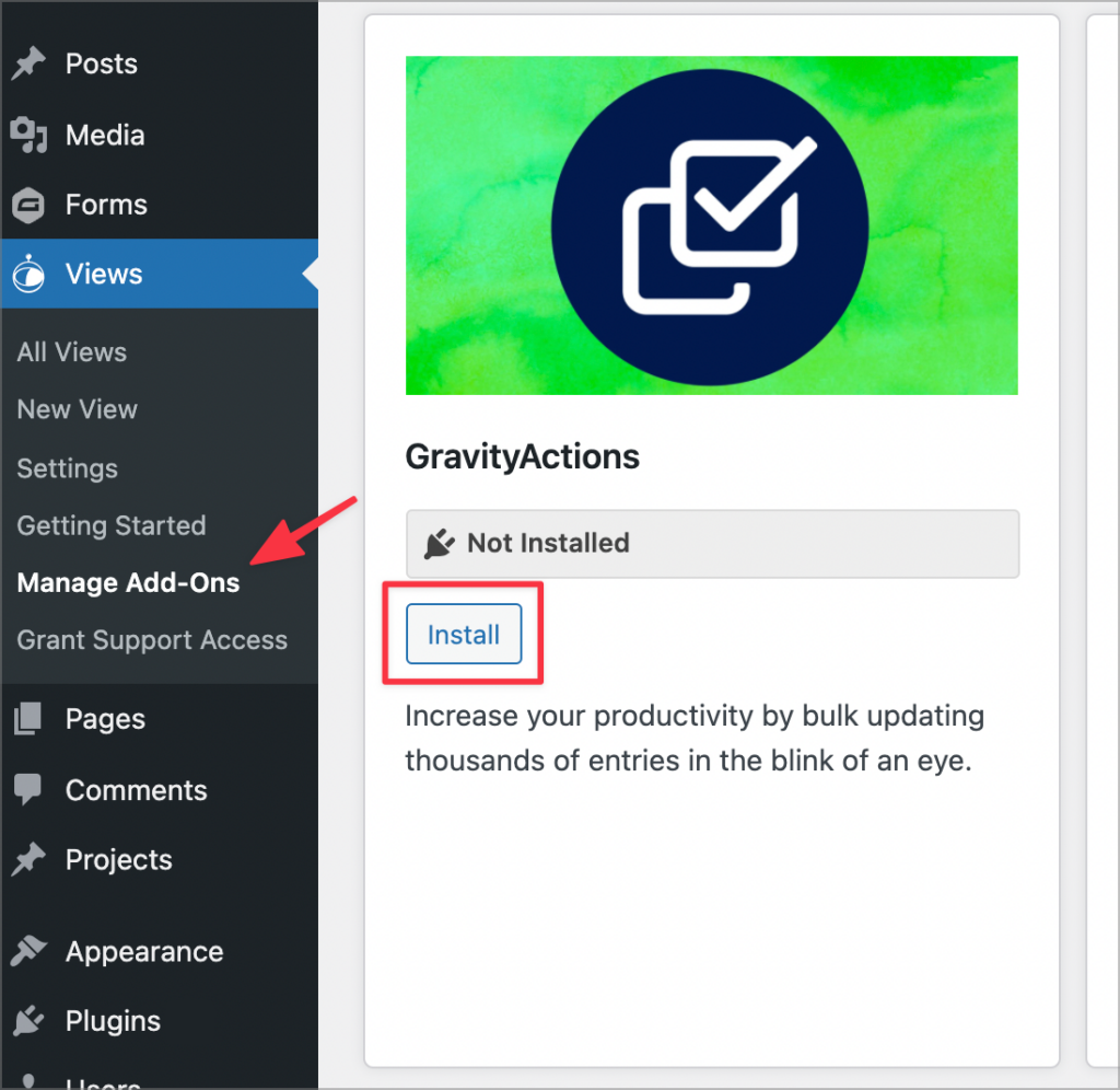 The GravityView Manage Add-Ons page
