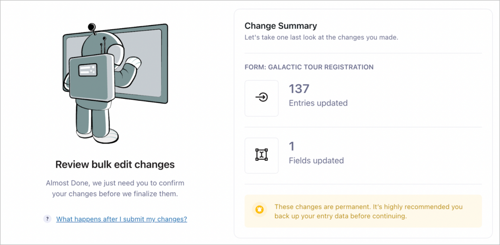 GravityActions change summary, 137 entries updated affecting one field