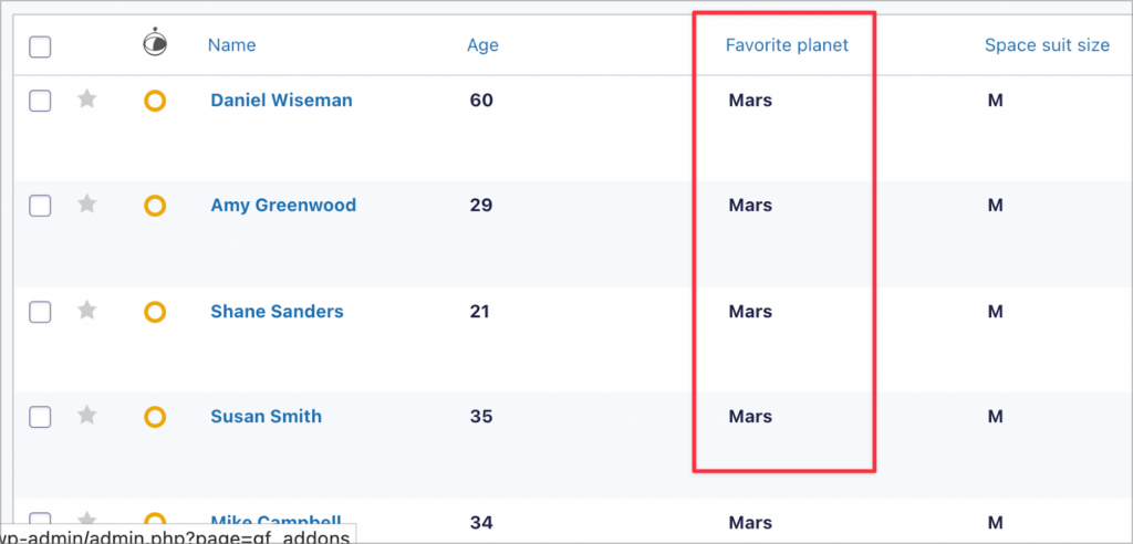 Gravity Forms entries showing the correct spelling of 'Mars' after the bulk update with GravityActions