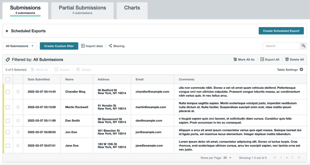 The Submissions list on Formstack