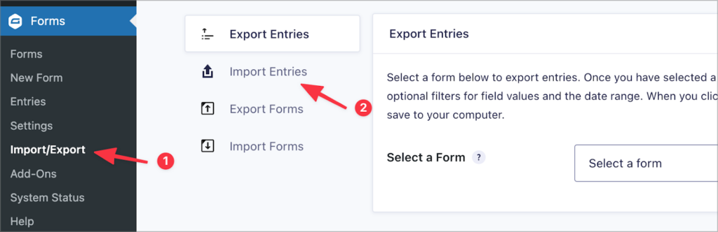 The Import Entries tab on the Gravity Forms Import/Export page