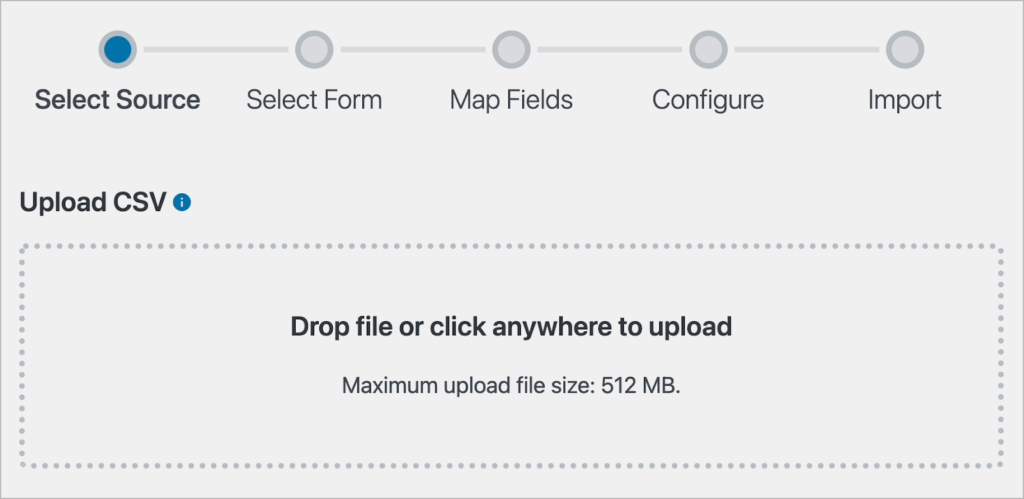 The Import Entries page with a box to upload a CSV file