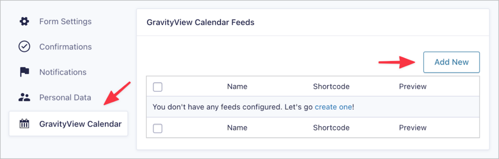 The 'Add New' button on the GravityView Calendar feed page in Gravity Forms. 