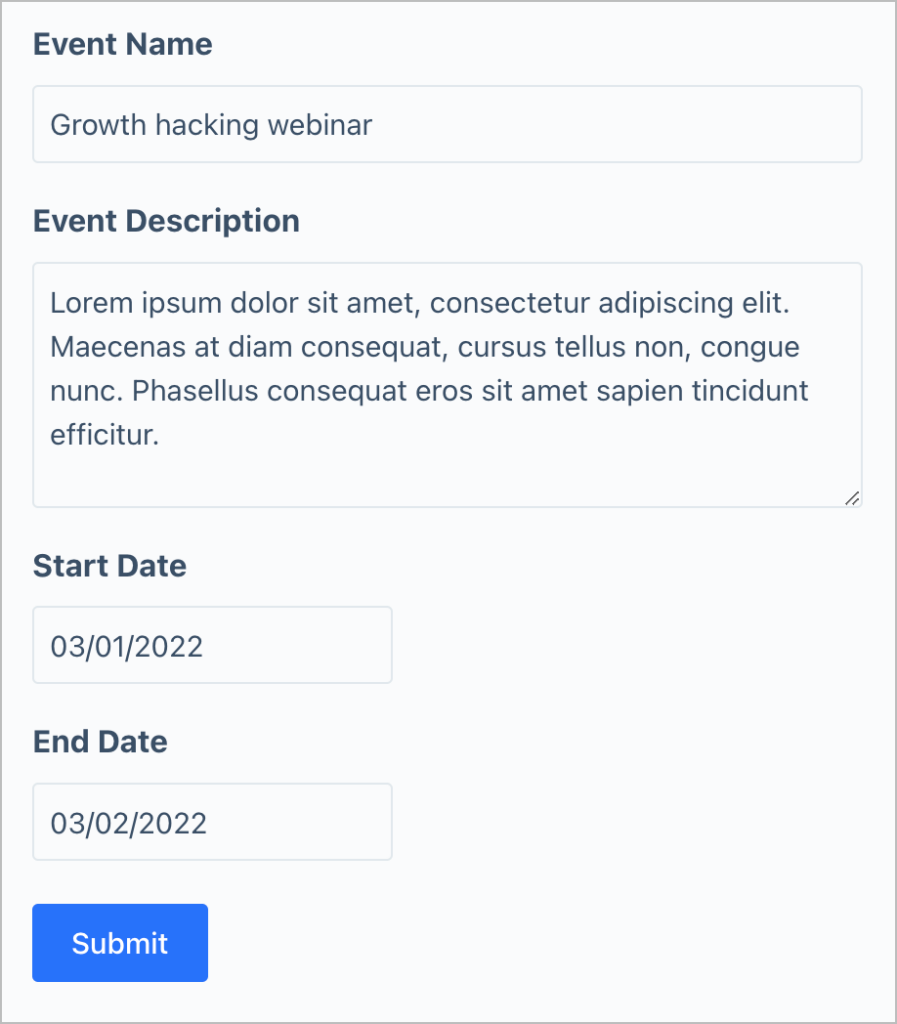 A Gravity Forms form on the front end with fields for Event Name, Event Description, Start Date, and End Date