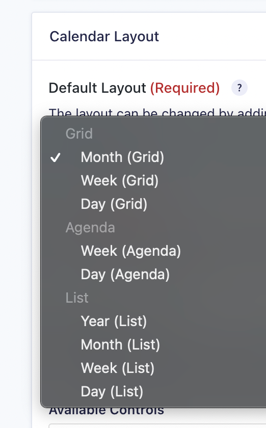The layout picker for the Gravity Forms Calendar plugin