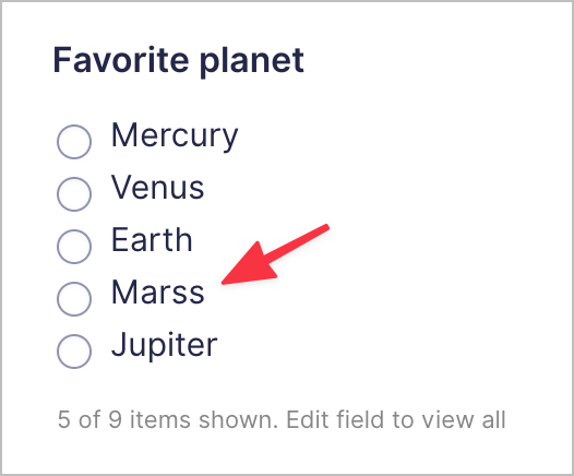 A Gravity Forms Radio Buttons field with different planet names including an incorrectly spelled "Mars"