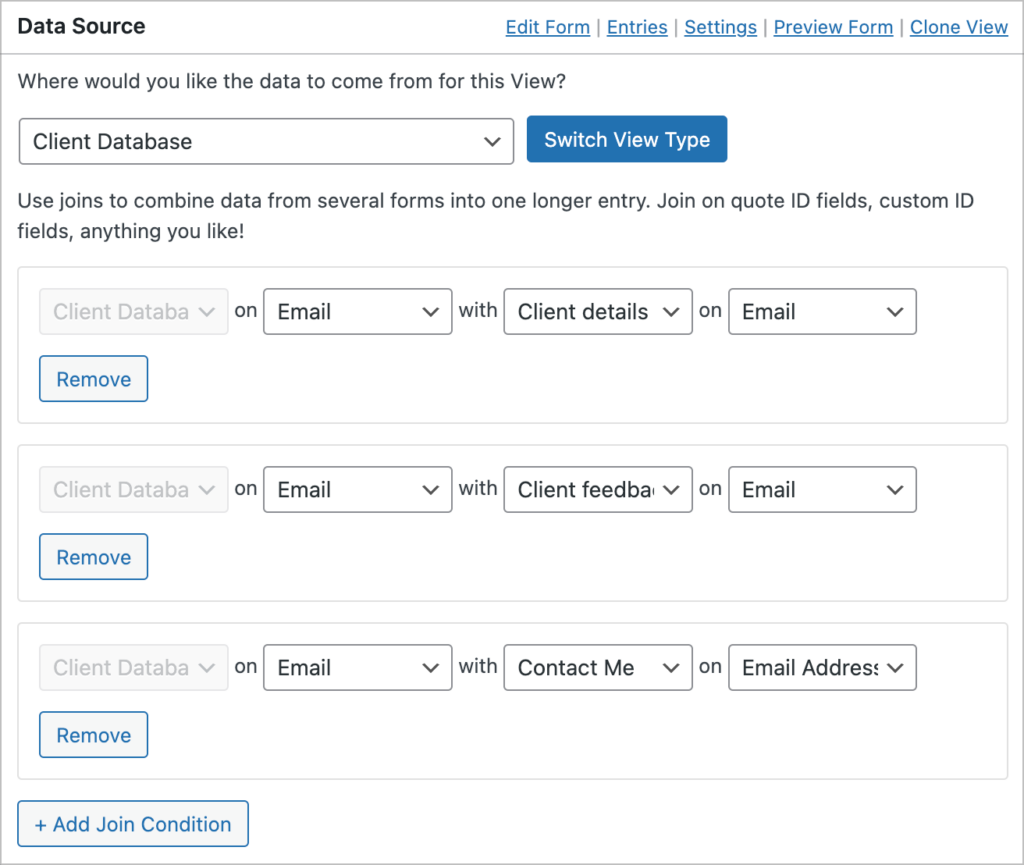 Connecting multiple form using a join condition—powered by the GravityView Multiple Forms extension