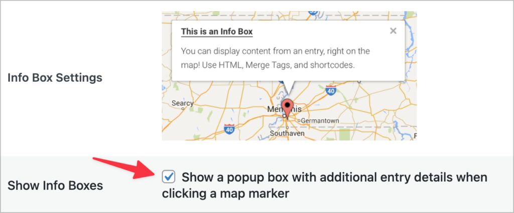 A checkbox that says 'Show a popup box with additional entry details when clicking a map marker