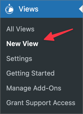 The New View link below the Views menu item in WordPress