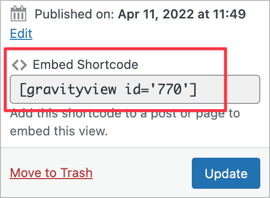 The GravityView embed shortcode