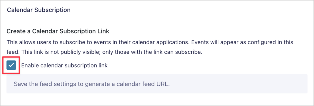 The checkbox allowing you to enable the calendar subscription link in Gravity Forms calendar
