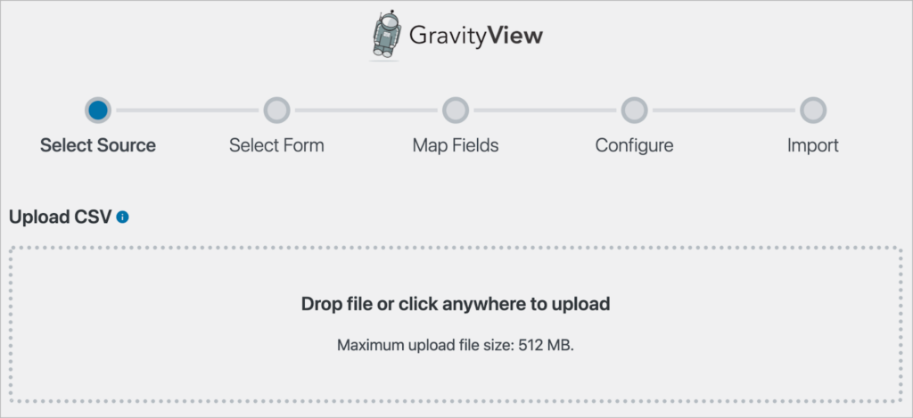 The Import Entries page, with a box that says 'Drop file or click anywhere to upload'