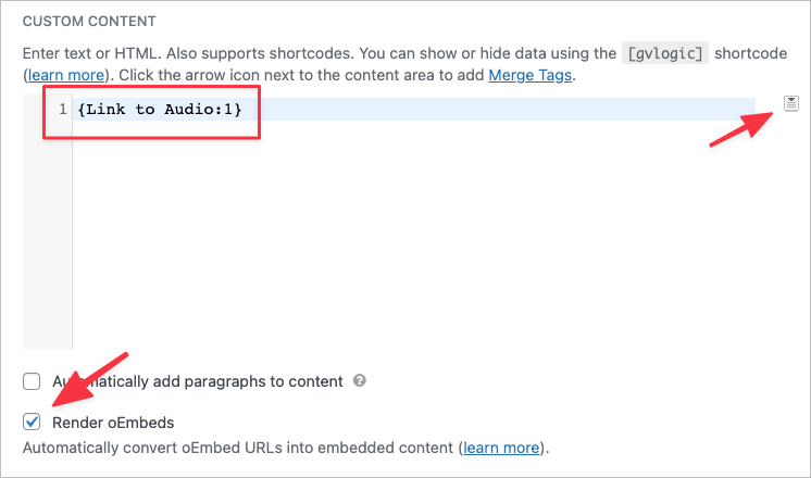 The GravityView Custom Content text editor with arrows pointing to the merge tag menu and the 'Render oEmbeds' checkbox