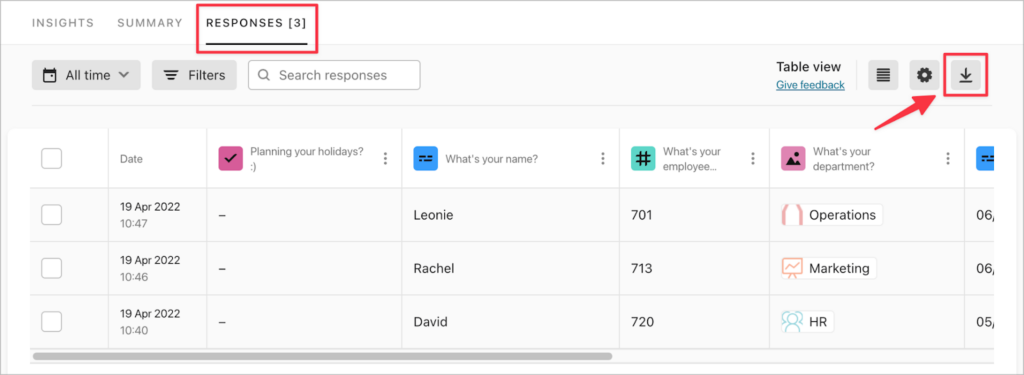 The 'Responses' tab showing a list of form submissions in Typeform with a download icon on the right to download the submissions