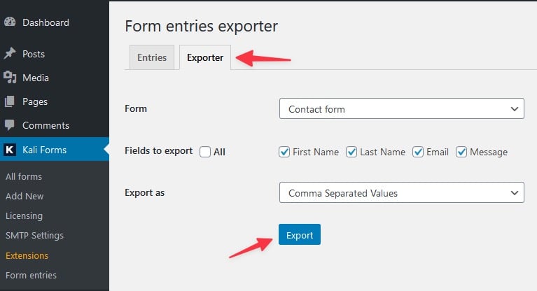 The Exporter page in Kali Forms