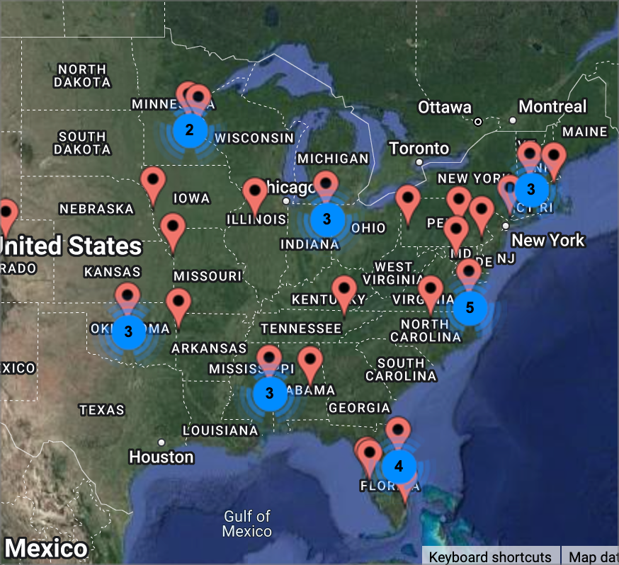 Nearby map markers grouped into clusters