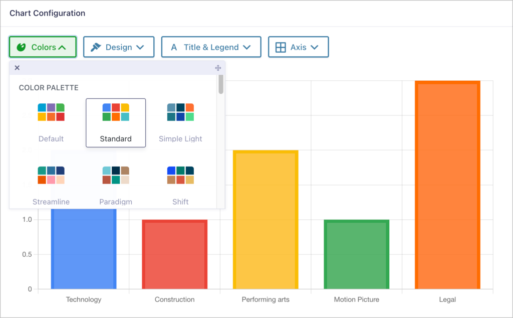 Selecting a color palette in the chart configuration panel in GravityCharts