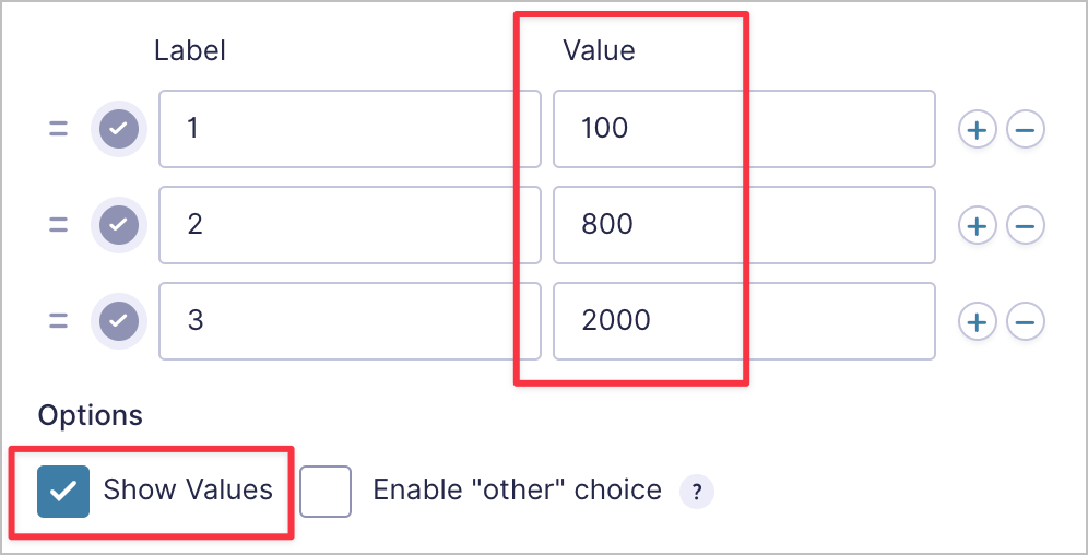 Radio Buttons field settings in Gravity Forms showing the label and value for each option