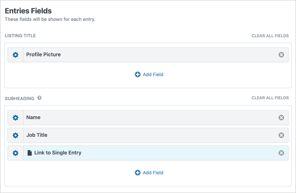 The GravityView drag and drop editor showing fields added to the Listing Title and Subheading sections