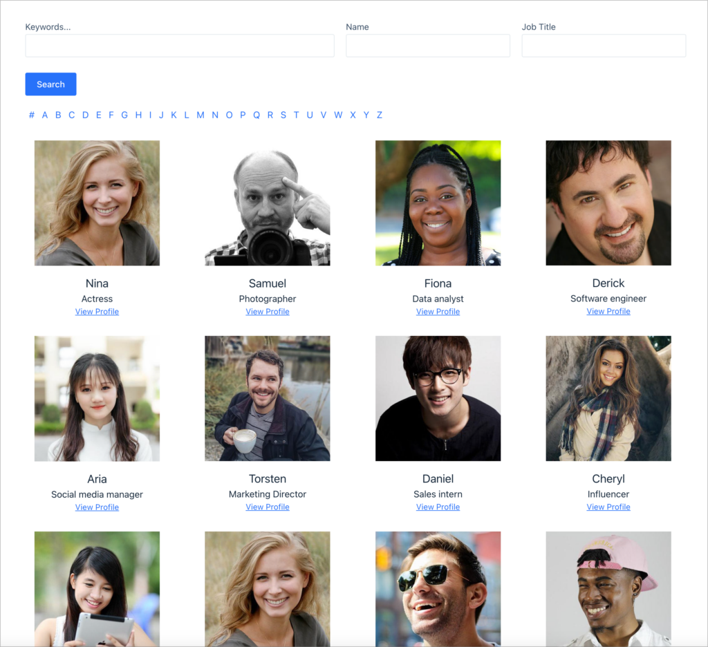 A directory showing member profiles in a 4-column grid