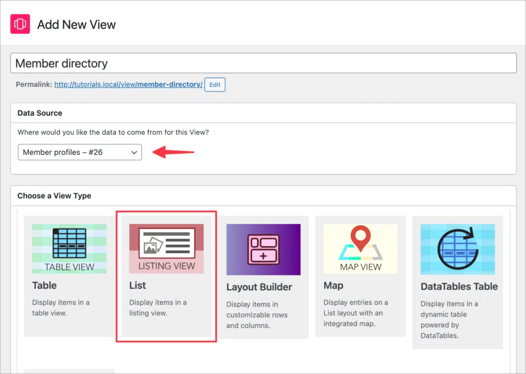 The GravityView View creation screen; 