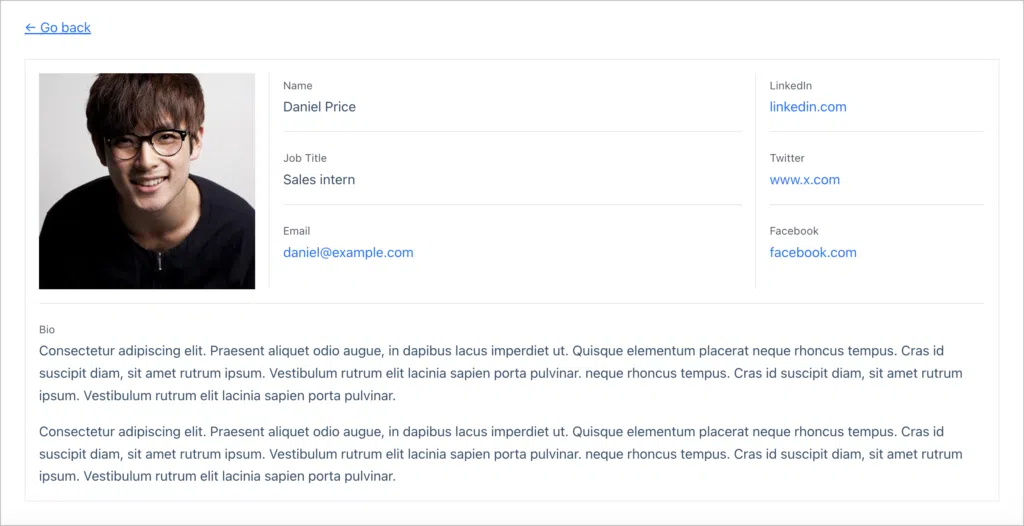 A single memnber profile page; here you can see the name, job title, email, social links and bio of the person.