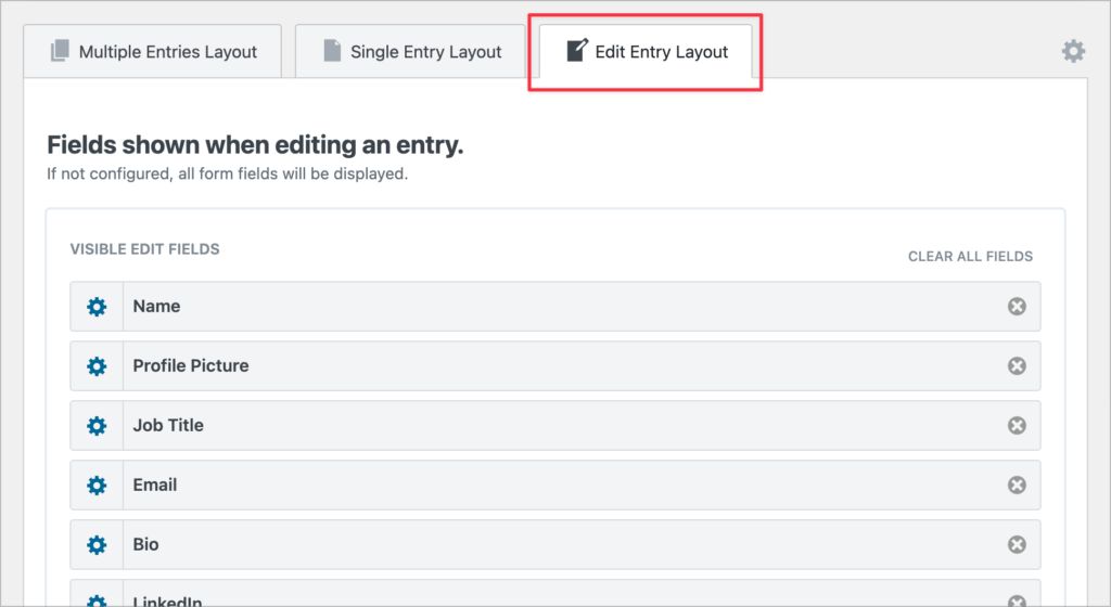 The 'Edit Entry Layout' screen in the GravityView editor