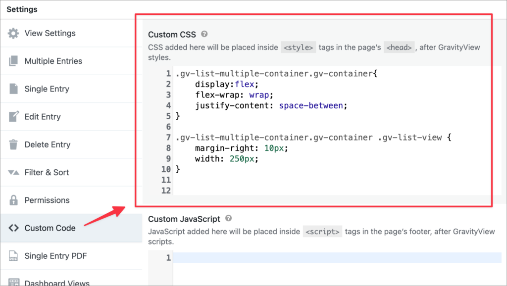 The 'Custom Code' settings