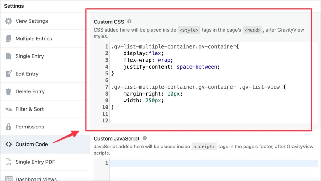The 'Custom Code' settings