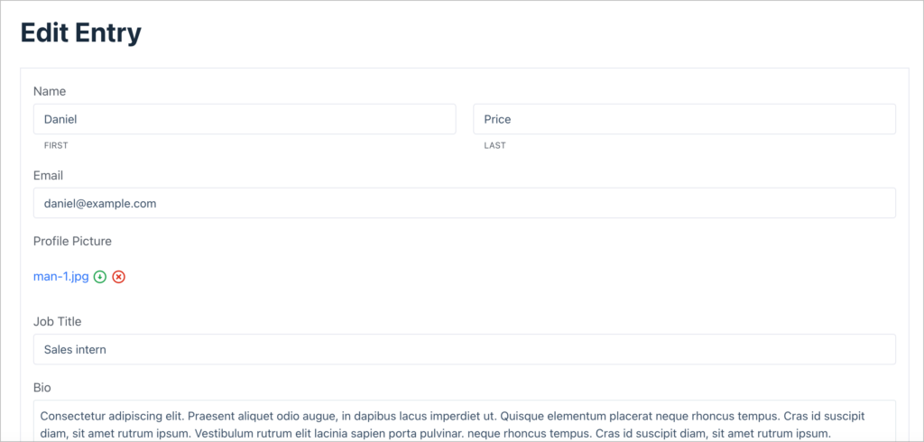 The GravityView Edit Entry layout (front-end view); there are several editable fields visible, including the name, email address and more.
