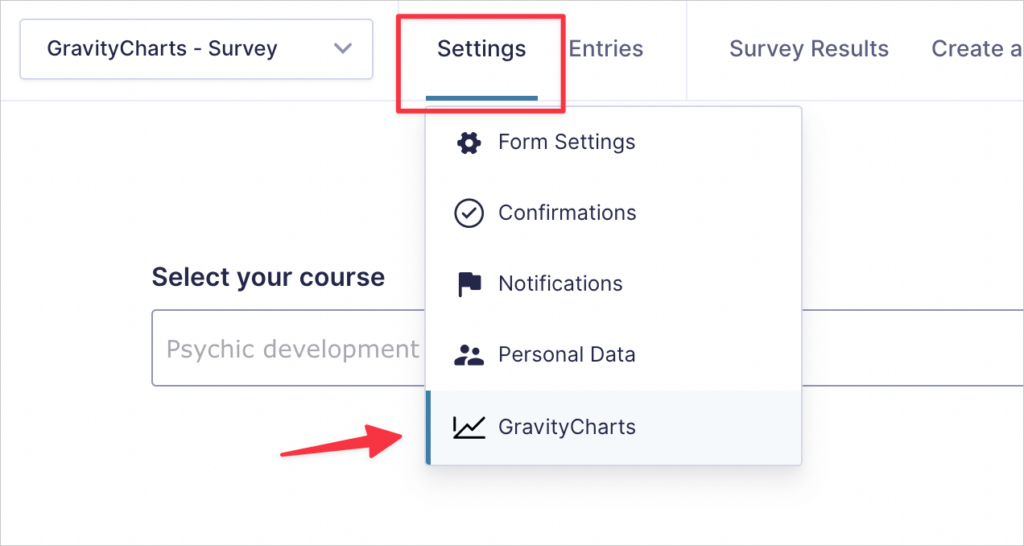 The GravityCharts link underneath Settings on the form editor page