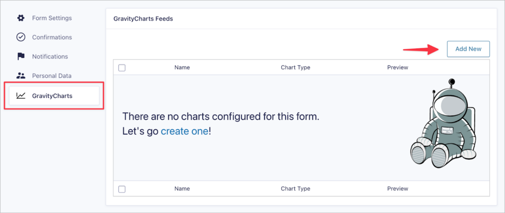 An arrow pointing to the 'Add New' button on the GravityCharts feed page